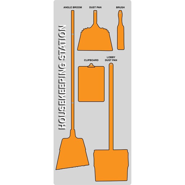5S Housekeeping Shadow Board Broom Station Version 12 - Gray Board / Orange Shadows  With Broom